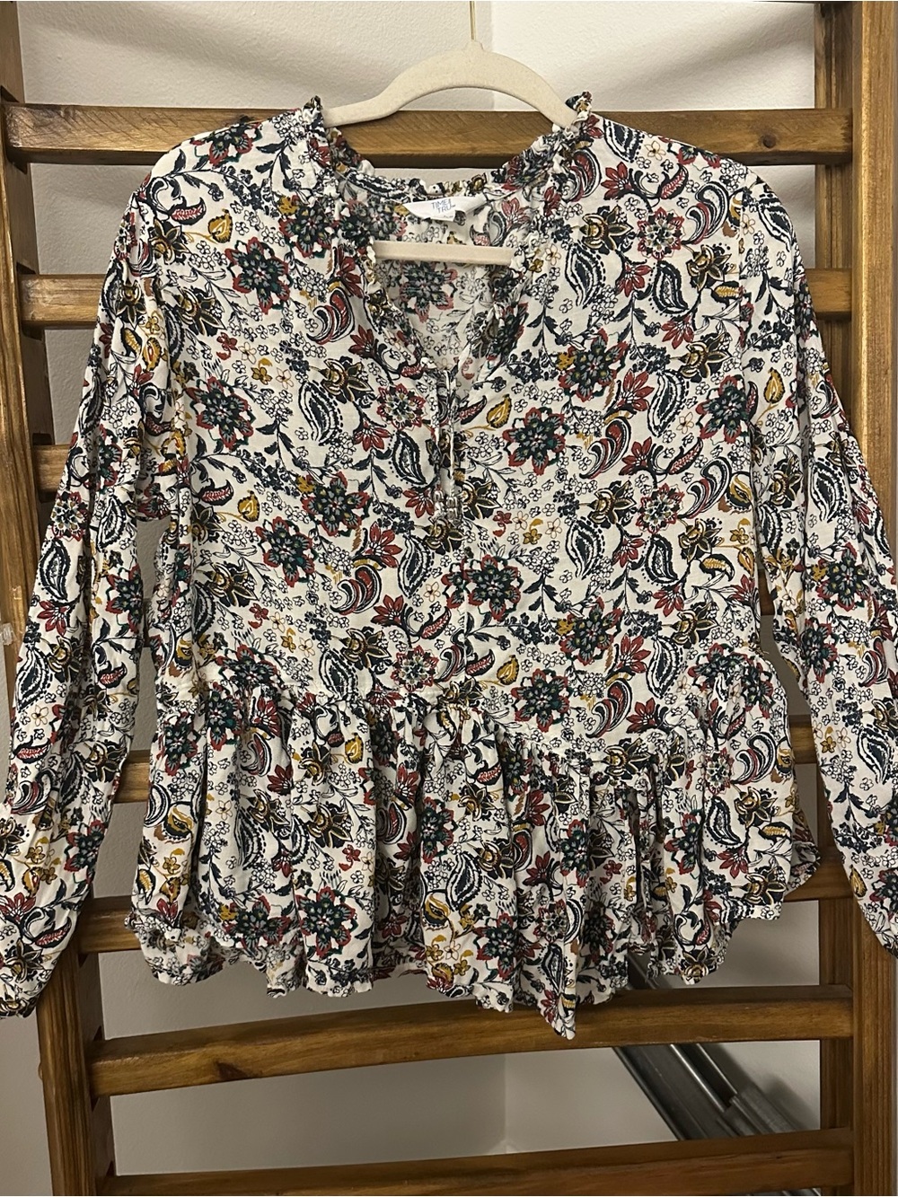 Time and Tru White Blouse with Red, Green & Mustard Paisley